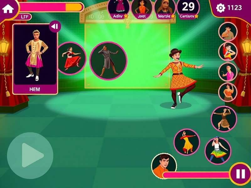 Character customization screen in Dance With Devdas showing various Indian outfits